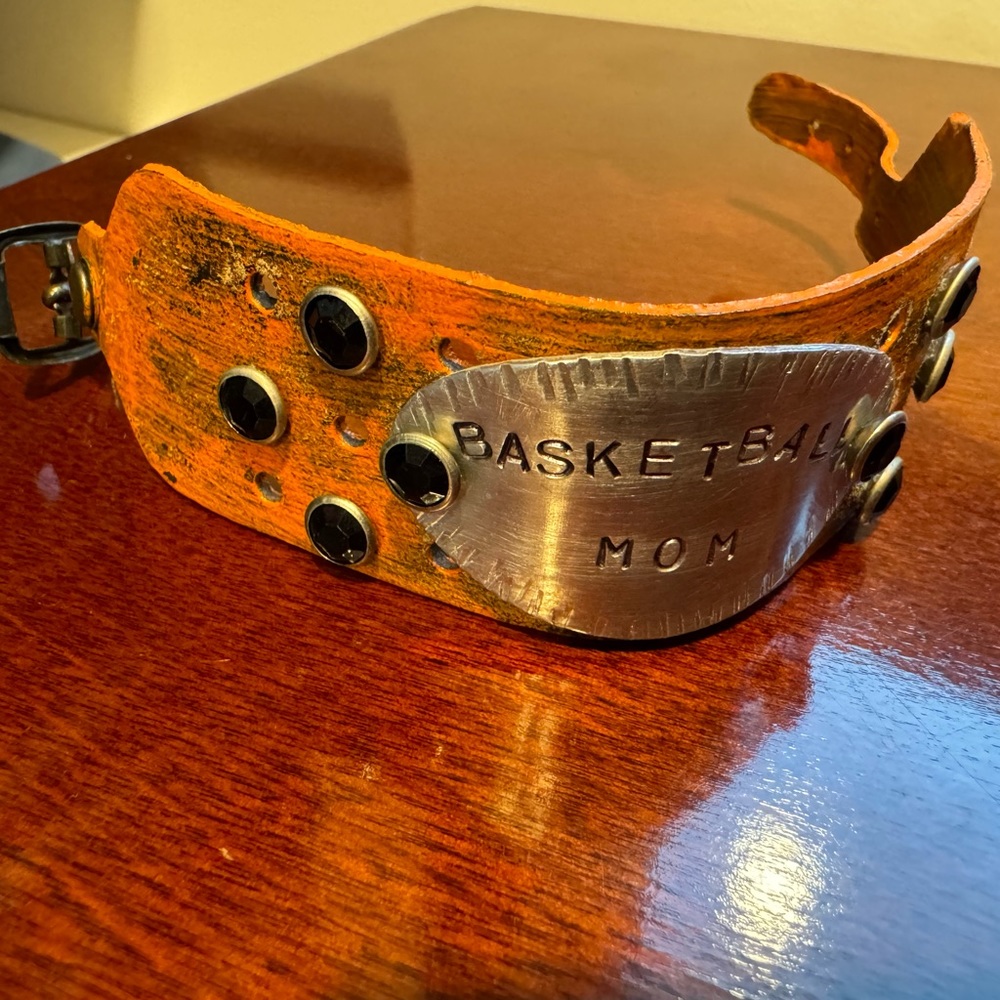 Orange leather “Basketball mom” cuff bracelet